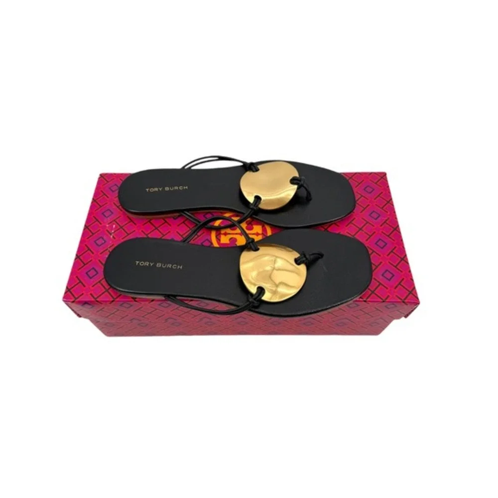 NEW TORY BURCH Patos Leather Disc Flat Thong Sandals In Black - Women's‎ Size 6
